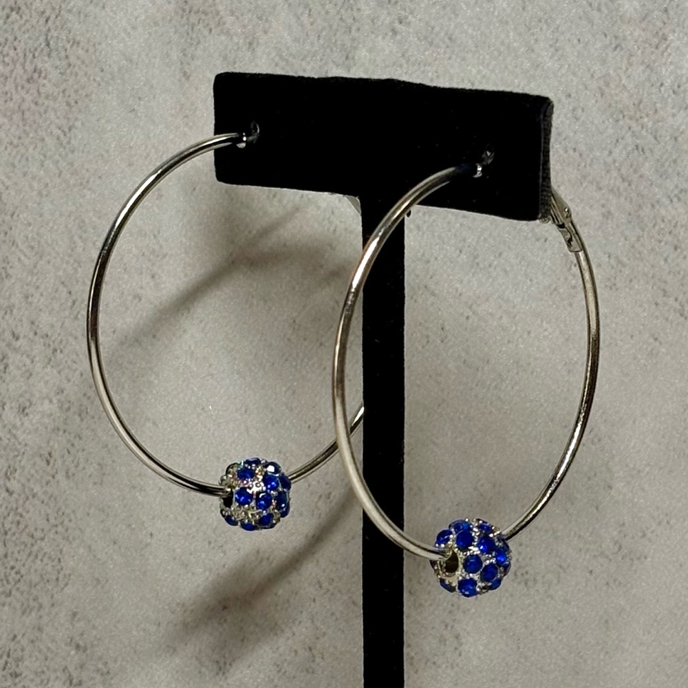 NWT Silver Blue Rhinestone Hoop Earrings | Crystal Ball Hoop Statement Jewelry